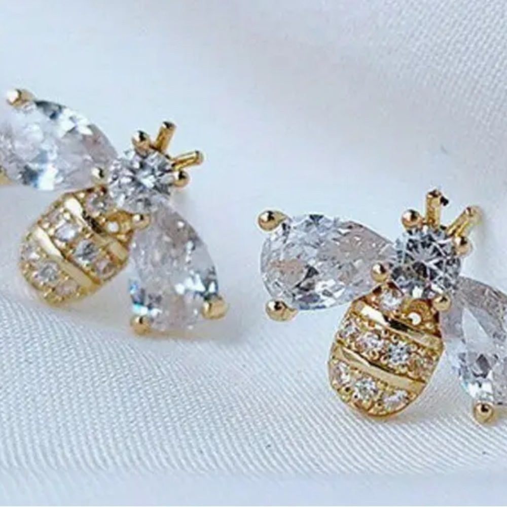 Gold and Silver Bee Design Earrings with Crystal Accents NWT